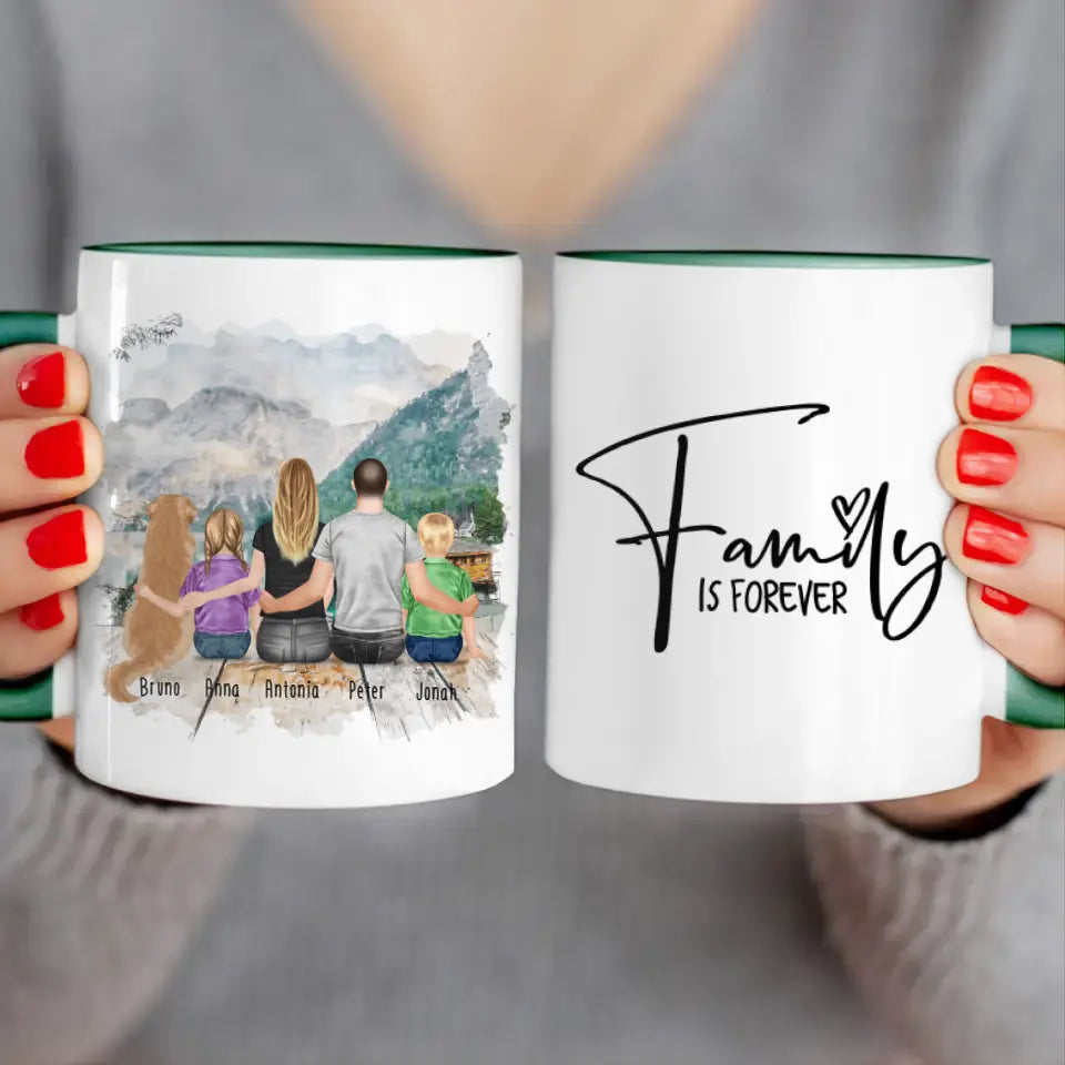 Personalisierte Tasse mit Familie + 1 Hund (2 Kinder)