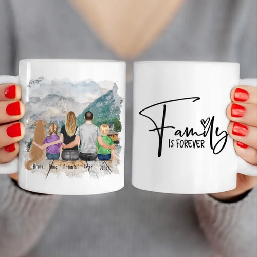 Personalisierte Tasse mit Familie + 1 Hund (2 Kinder)