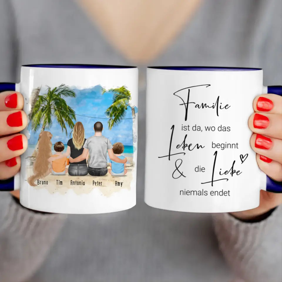 Personalisierte Tasse mit Familie + 1 Hund (2 Babys)