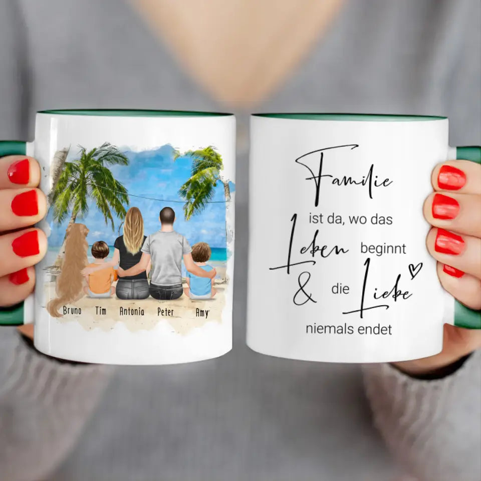 Personalisierte Tasse mit Familie + 1 Hund (2 Babys)