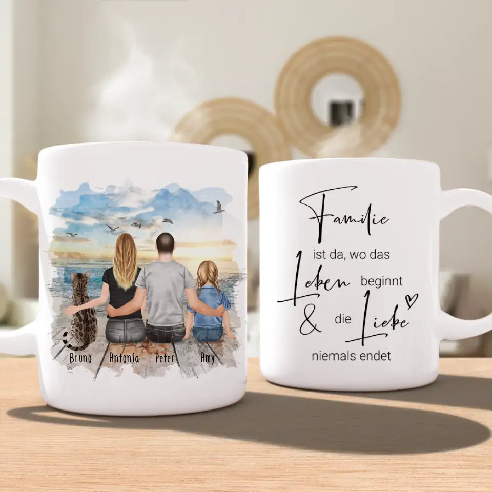 Personalisierte Tasse mit Familie + 1 Katze (1 Kind)