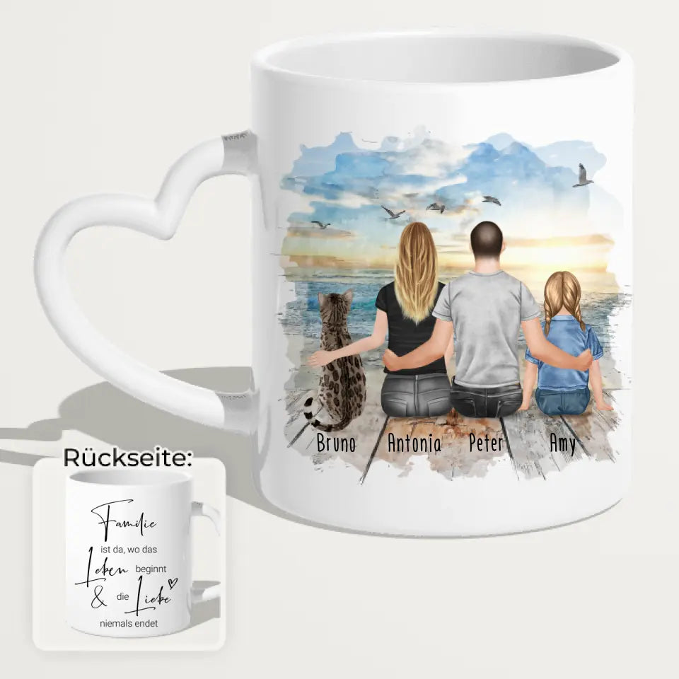 Personalisierte Tasse mit Familie + 1 Katze (1 Kind)