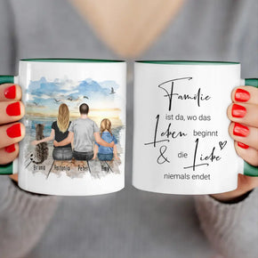 Personalisierte Tasse mit Familie + 1 Katze (1 Kind)