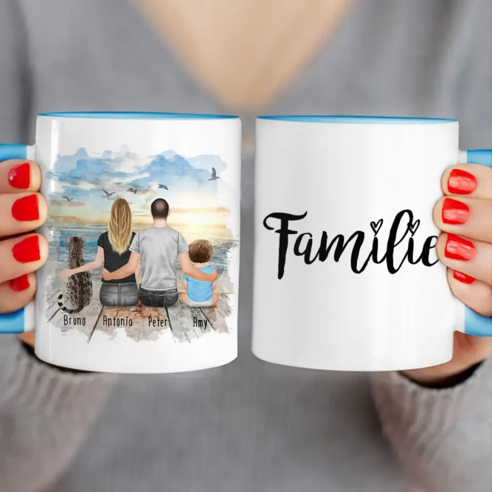 Personalisierte Tasse mit Familie + 1 Katze (1 Baby)