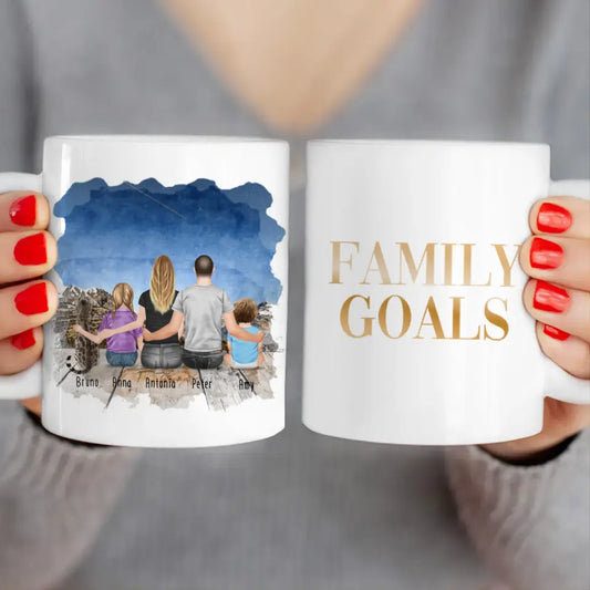 Personalisierte Tasse mit Familie + 1 Katze (1 Baby + 1 Kind)