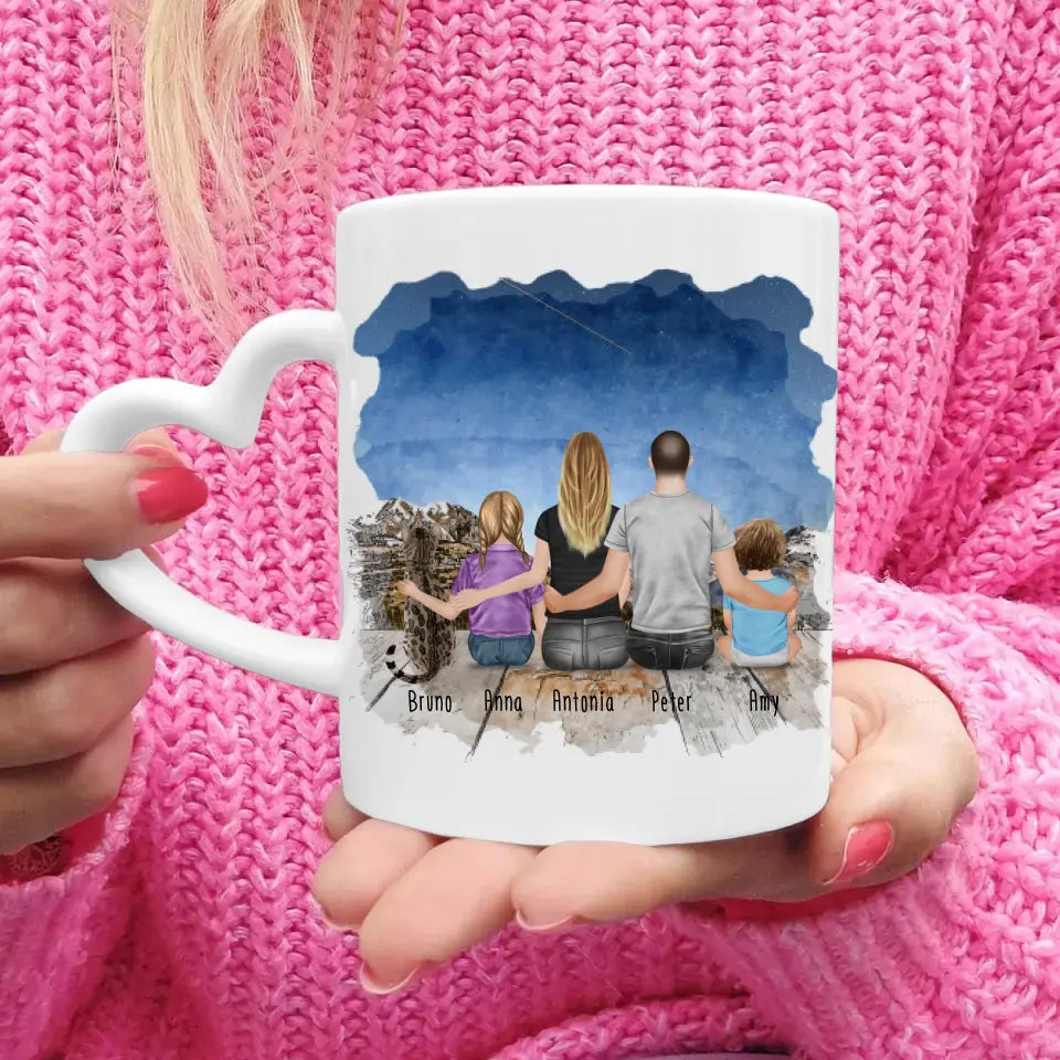 Personalisierte Tasse mit Familie + 1 Katze (1 Baby + 1 Kind)