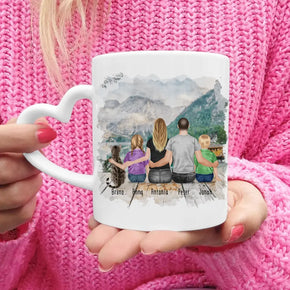 Personalisierte Tasse mit Familie + 1 Katze (2 Kinder)