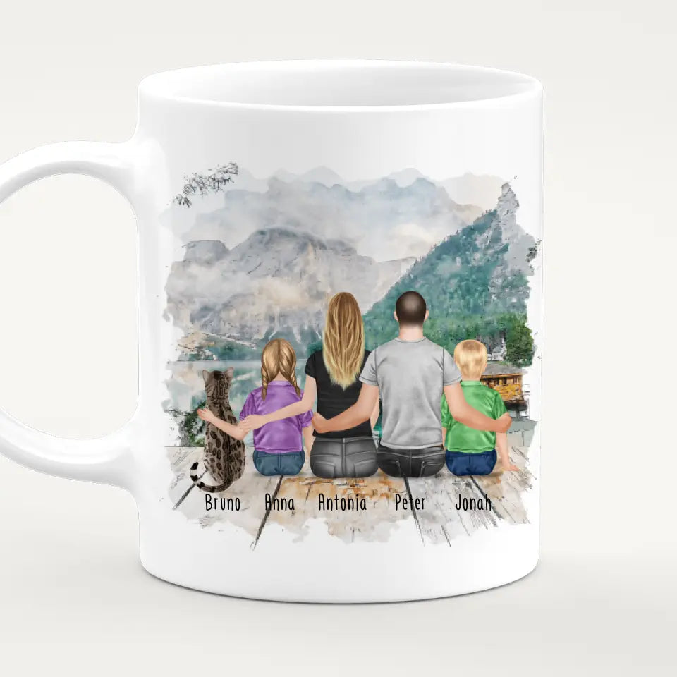 Personalisierte Tasse mit Familie + 1 Katze (2 Kinder)