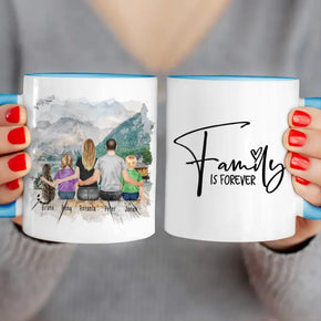 Personalisierte Tasse mit Familie + 1 Katze (2 Kinder)