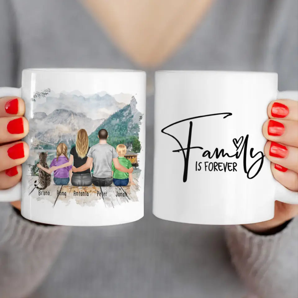 Personalisierte Tasse mit Familie + 1 Katze (2 Kinder)