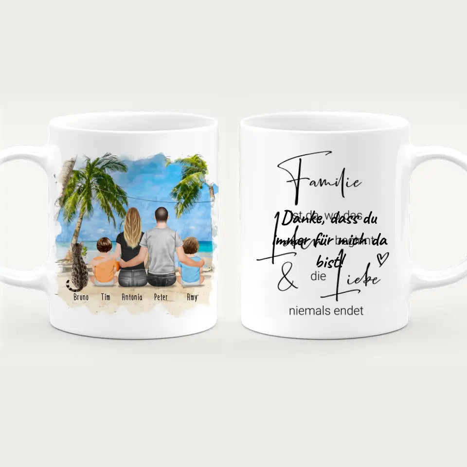 Personalisierte Tasse mit Familie + 1 Katze (2 Babys)