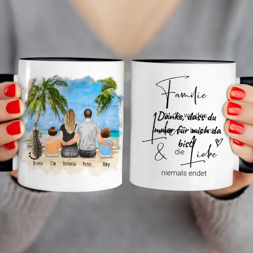 Personalisierte Tasse mit Familie + 1 Katze (2 Babys)