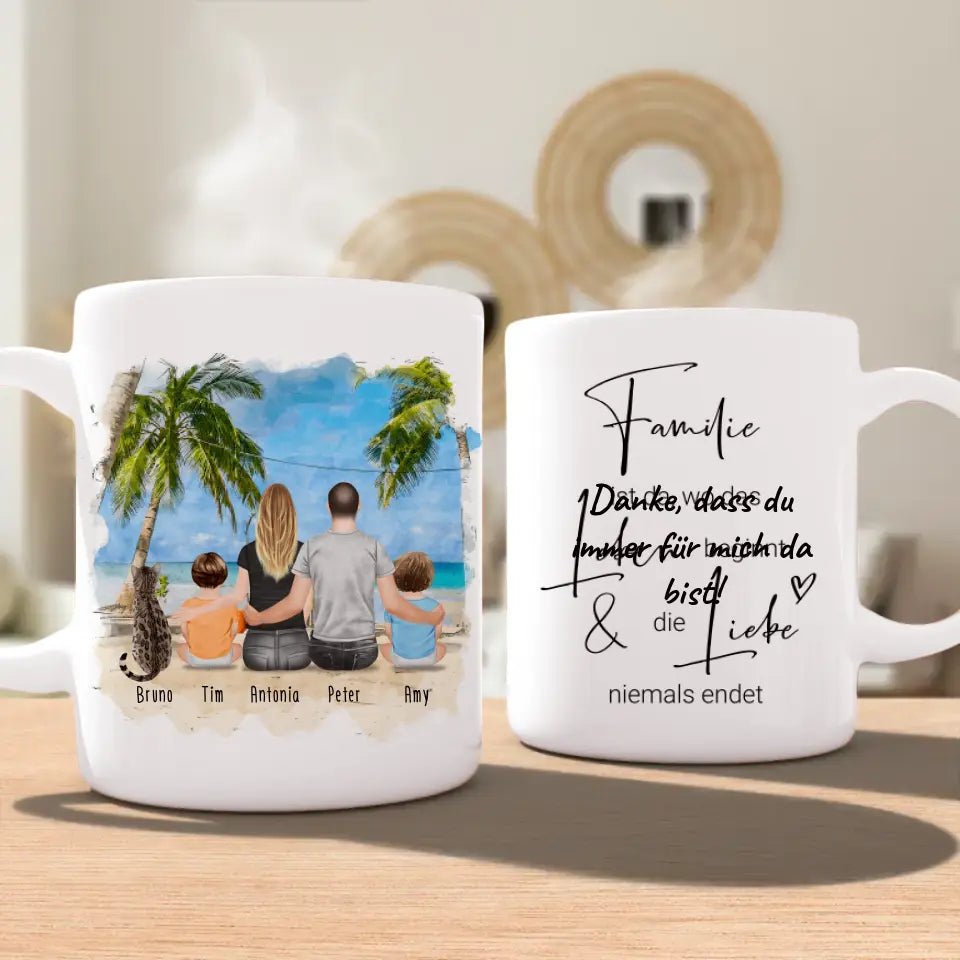 Personalisierte Tasse mit Familie + 1 Katze (2 Babys)