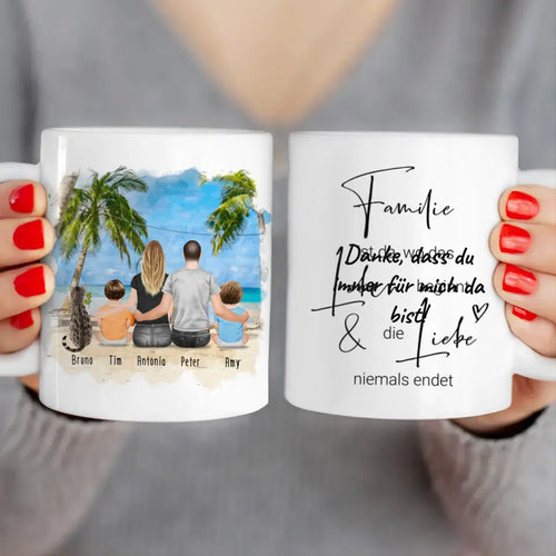 Personalisierte Tasse mit Familie + 1 Katze (2 Babys)