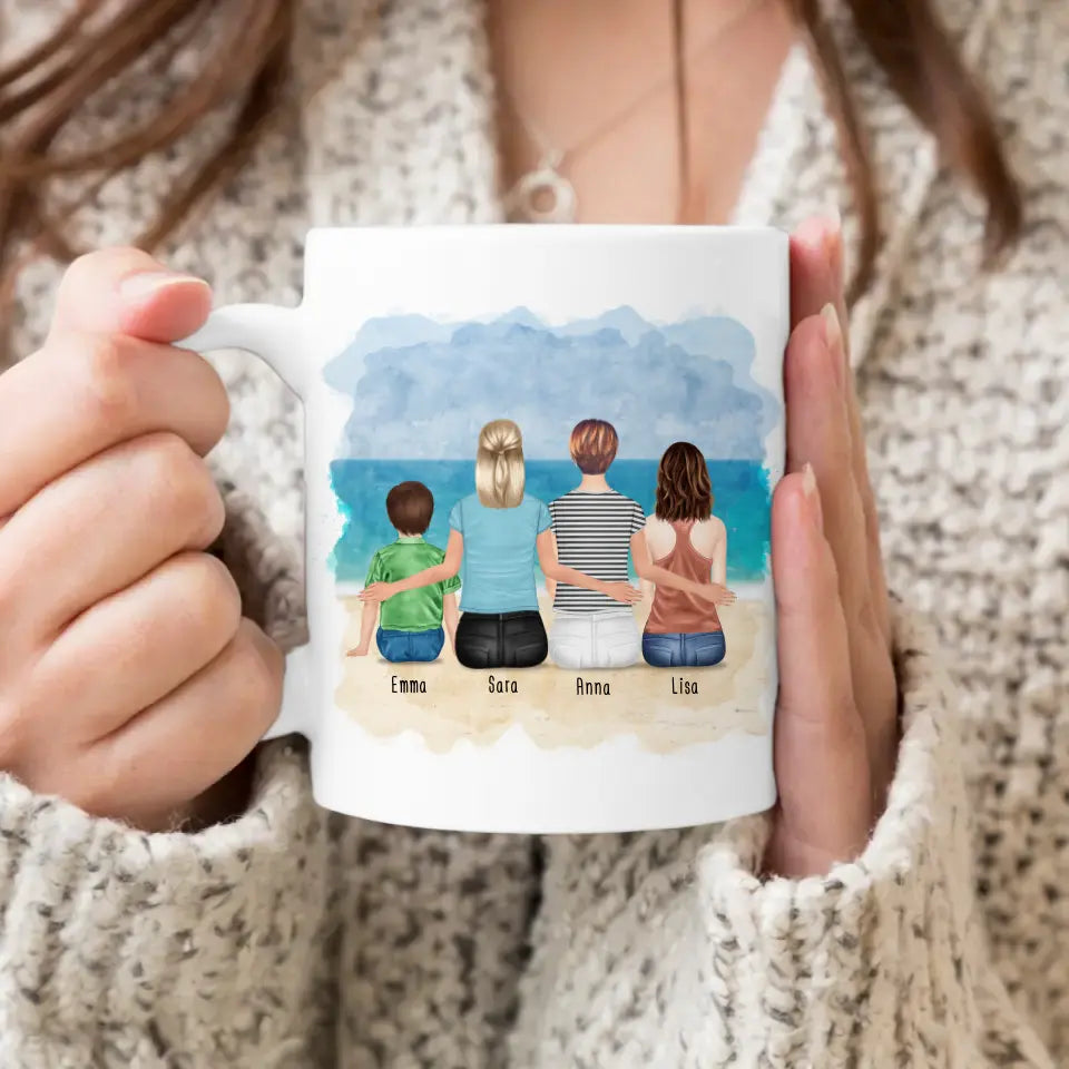 Personalisierte Tasse mit 2 Frauen + 1 Kind + 1 Teenagerin