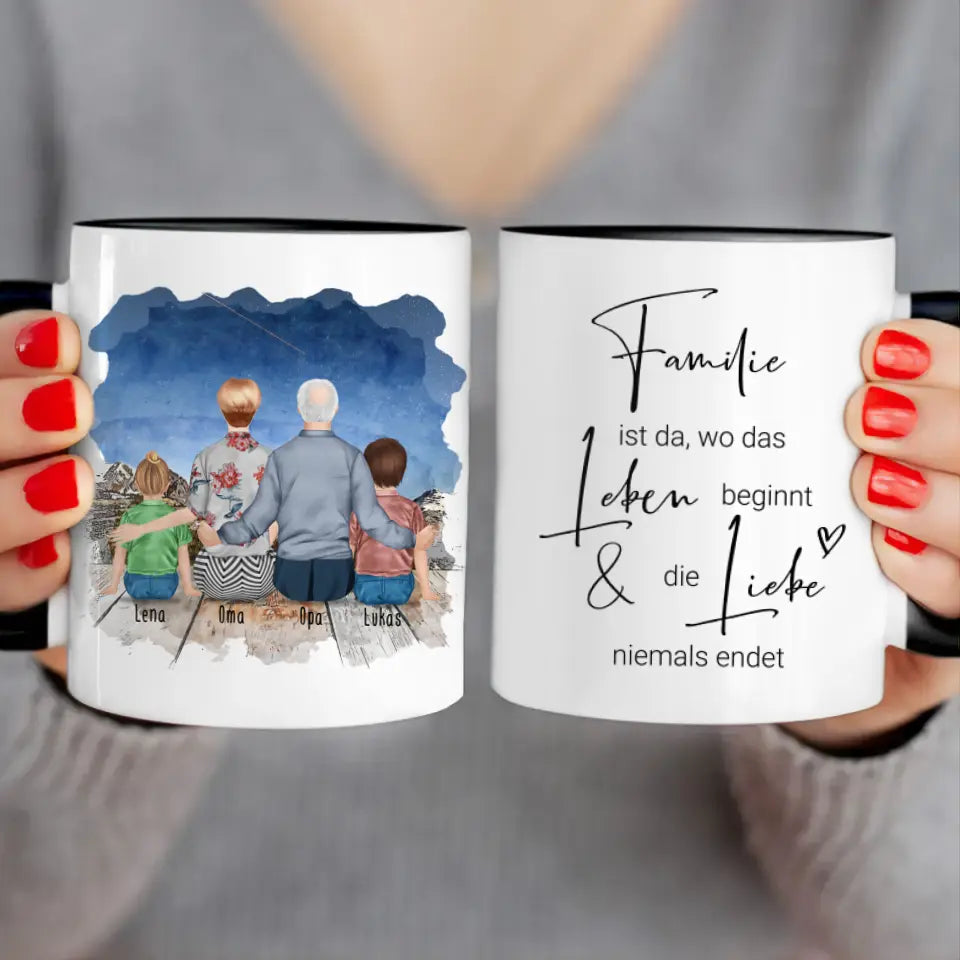 Personalisierte Tasse für Oma und Opa (1 Kleinkind + 1 Kind + 1 Oma + 1 Opa)