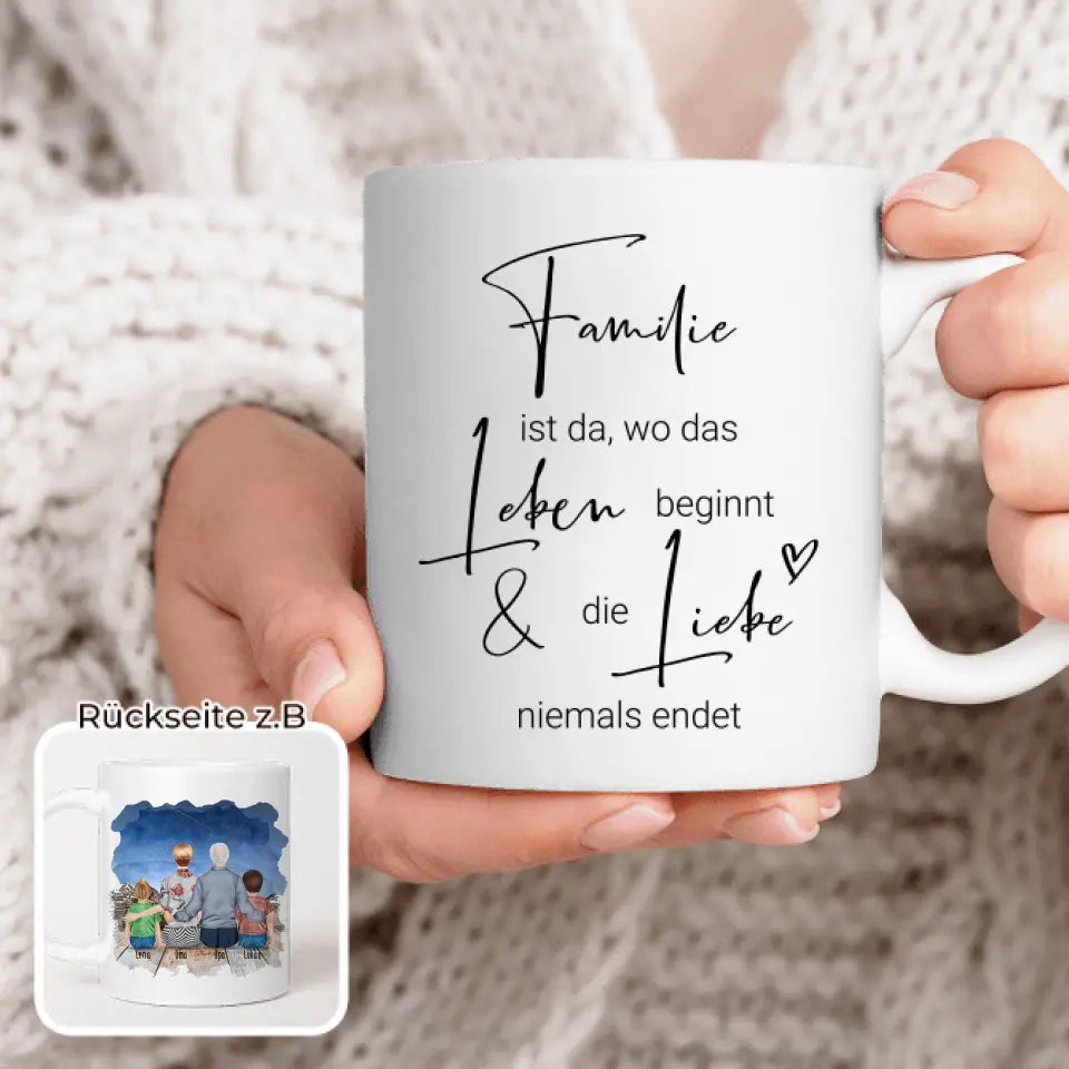 Personalisierte Tasse für Oma und Opa (1 Kleinkind + 1 Kind + 1 Oma + 1 Opa)