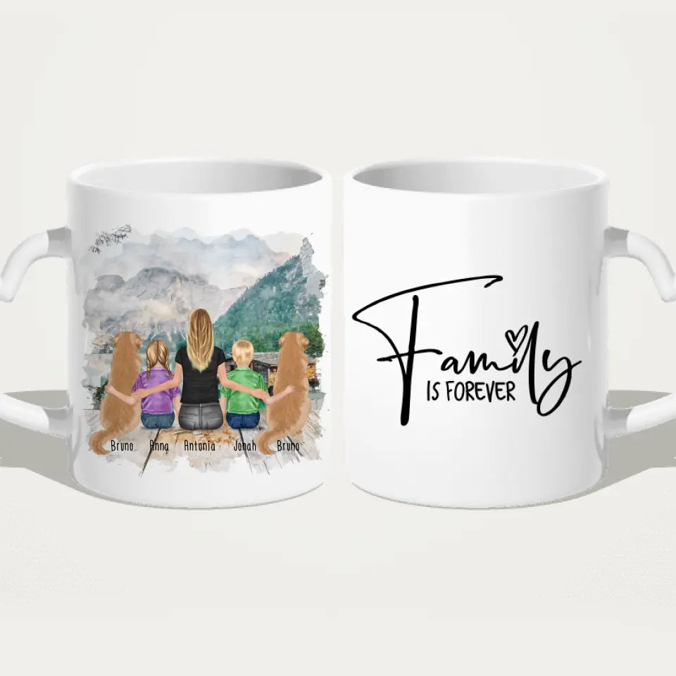 Personalisierte Tasse mit 1 Frau + 2 Kindern + 2 Hunden