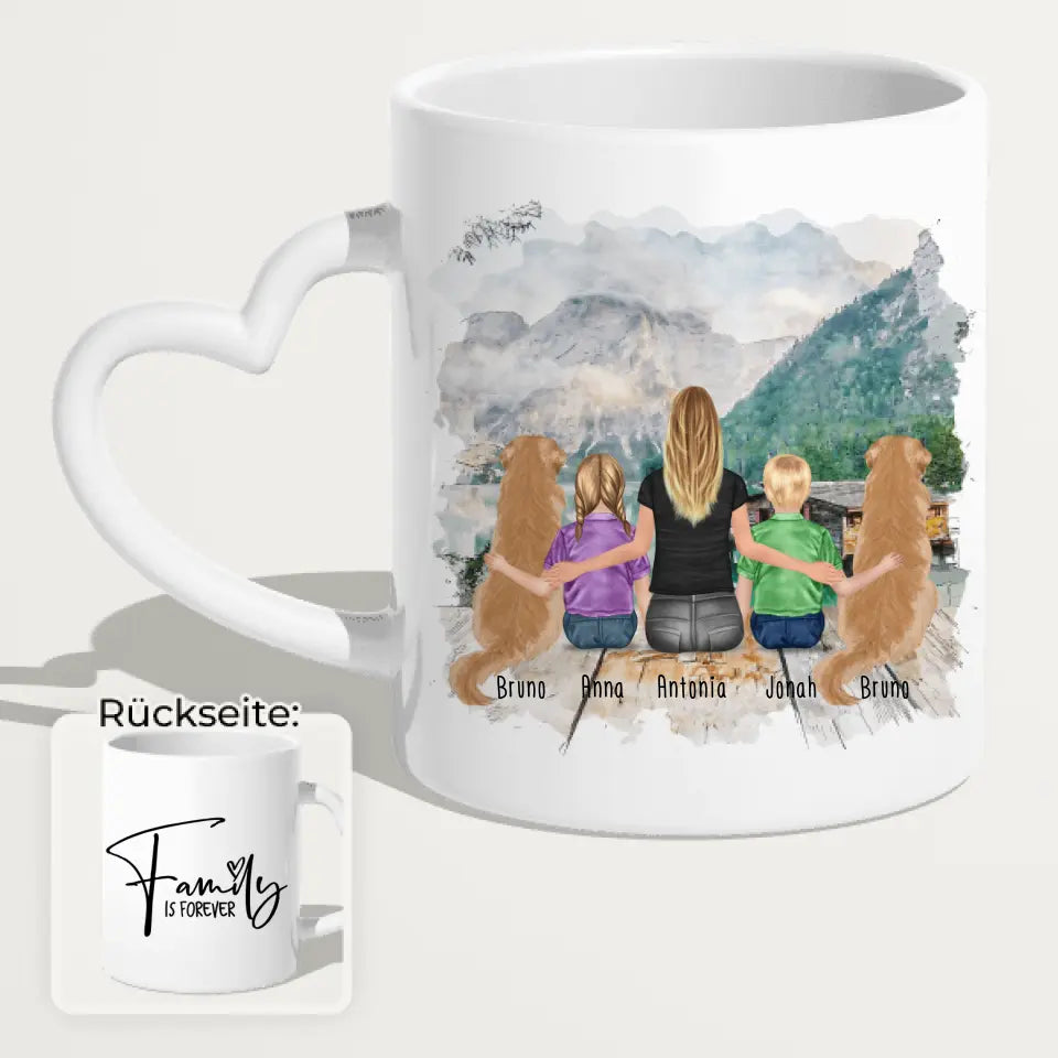 Personalisierte Tasse mit 1 Frau + 2 Kindern + 2 Hunden