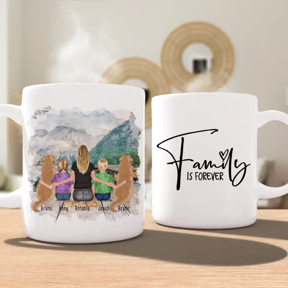 Personalisierte Tasse mit 1 Frau + 2 Kindern + 2 Hunden