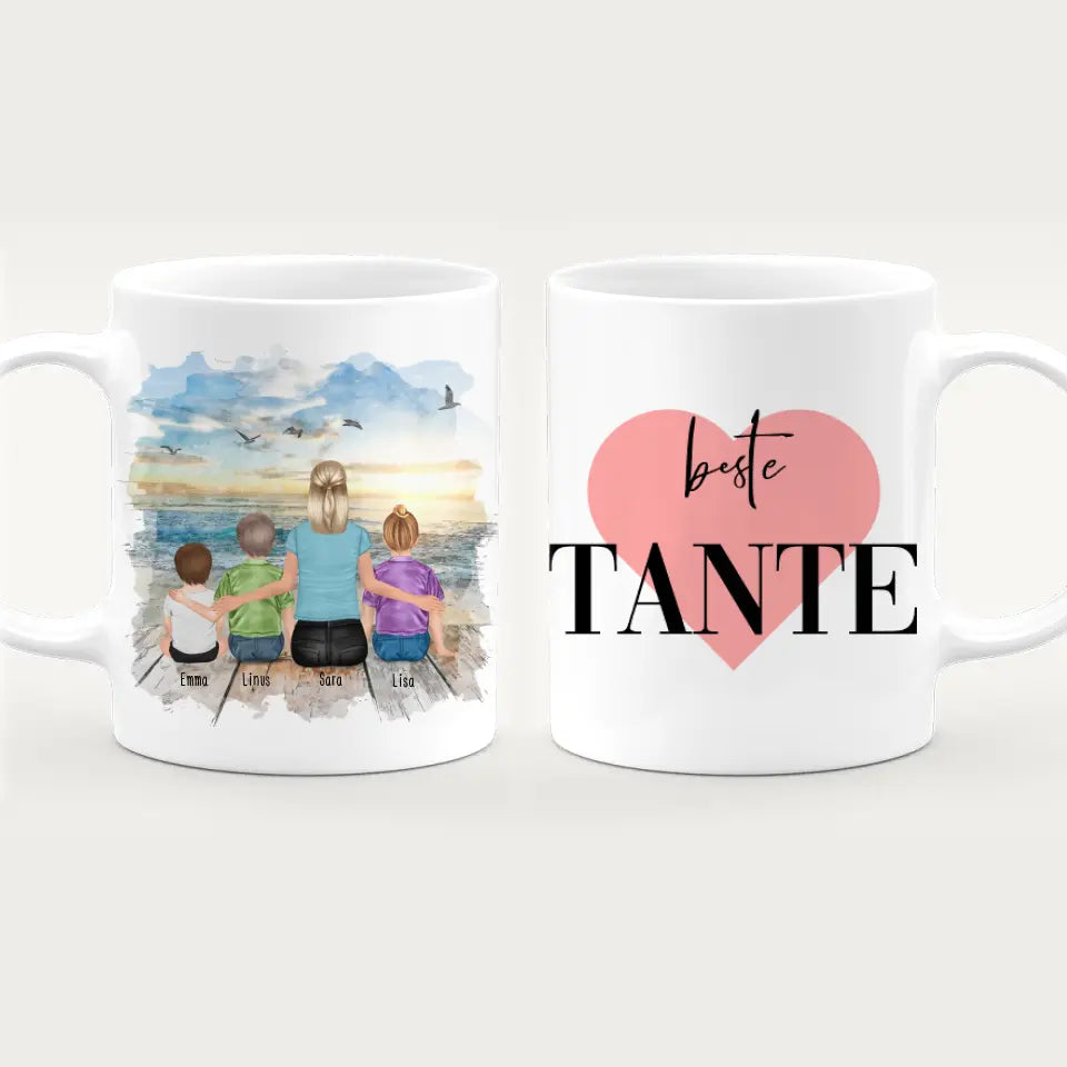 Personalisierte Tasse mit Tante (1 Baby + 2 Kinder + 1 Tante)