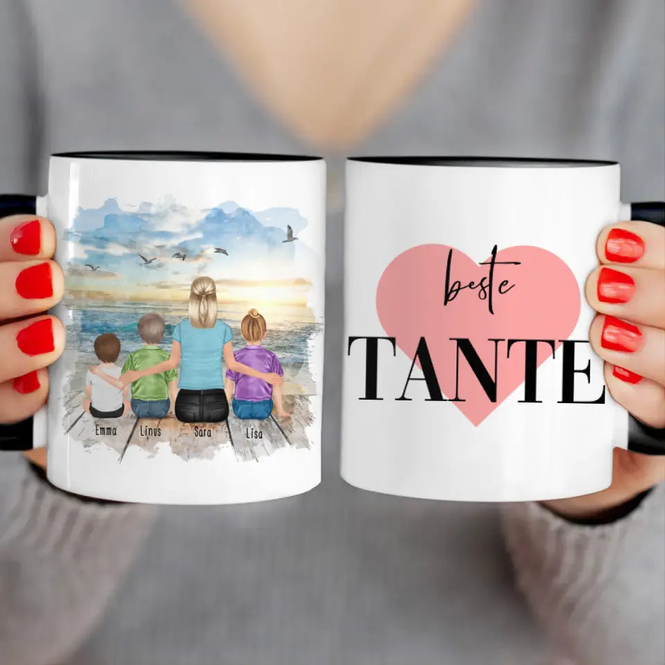 Personalisierte Tasse mit Tante (1 Baby + 2 Kinder + 1 Tante)
