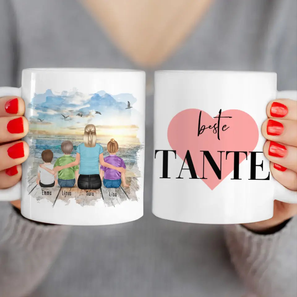 Personalisierte Tasse mit Tante (1 Baby + 2 Kinder + 1 Tante)