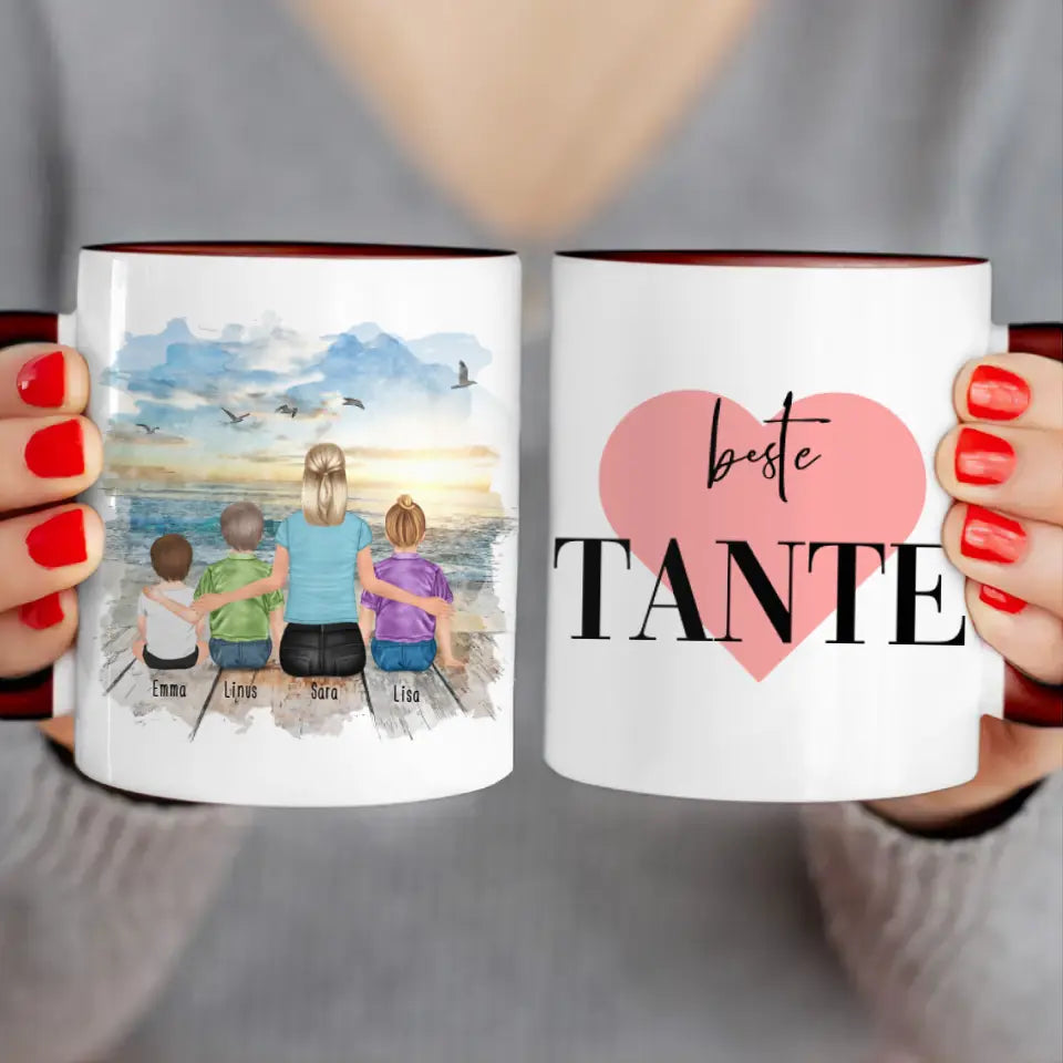 Personalisierte Tasse mit Tante (1 Baby + 2 Kinder + 1 Tante)