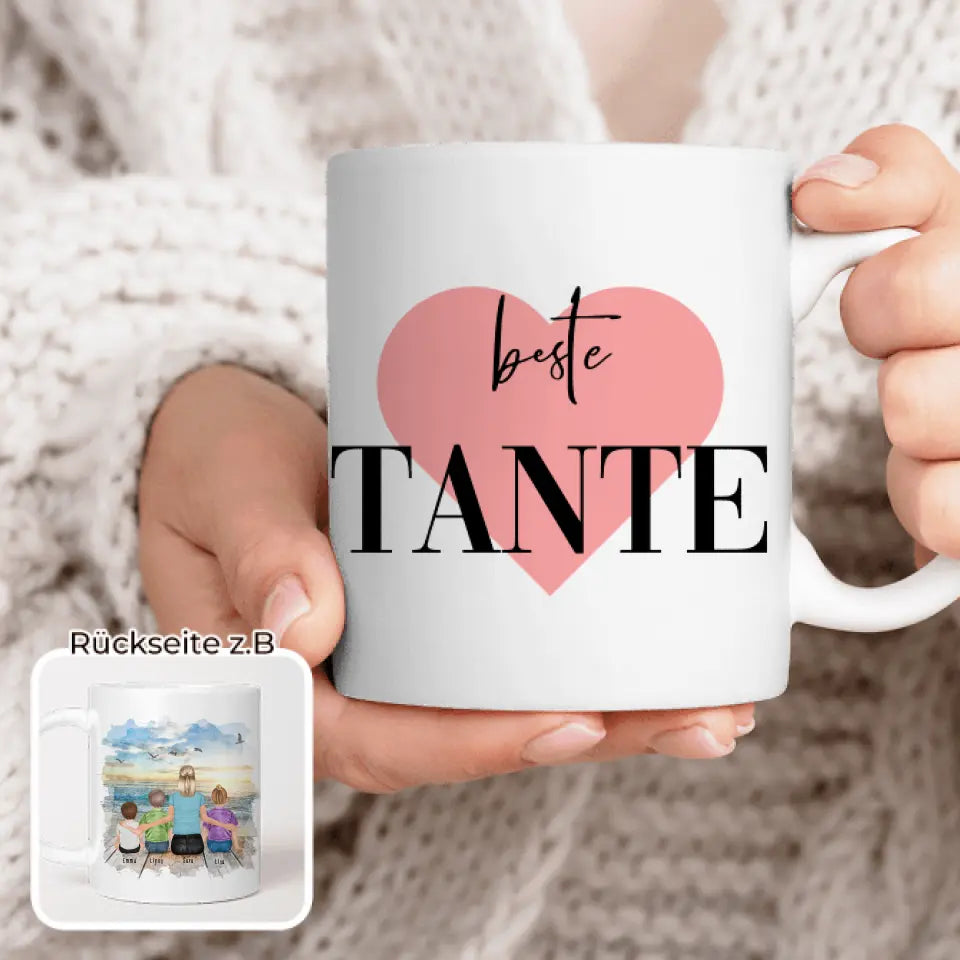 Personalisierte Tasse mit Tante (1 Baby + 2 Kinder + 1 Tante)