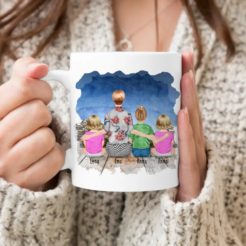 Personalisierte Tasse für Oma (2 Babys + 1 Kind + 1 Oma)