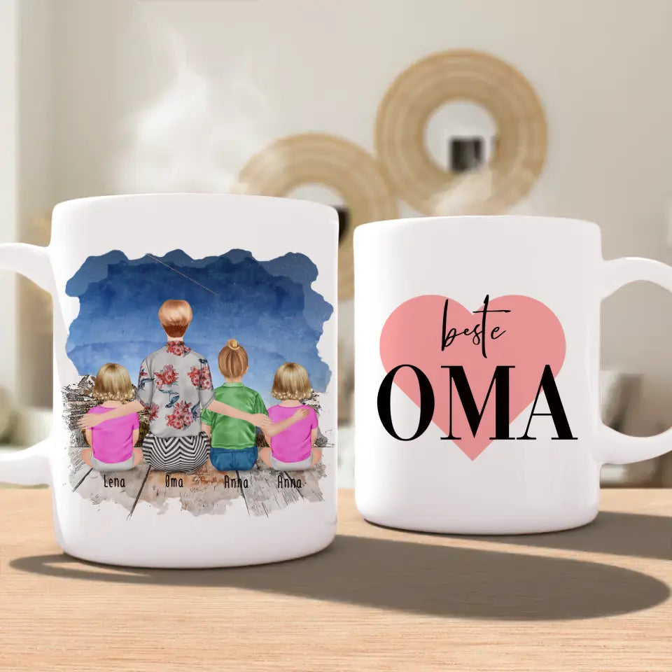 Personalisierte Tasse für Oma (2 Babys + 1 Kind + 1 Oma)