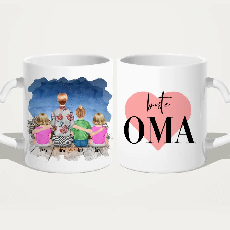 Personalisierte Tasse für Oma (2 Babys + 1 Kind + 1 Oma)