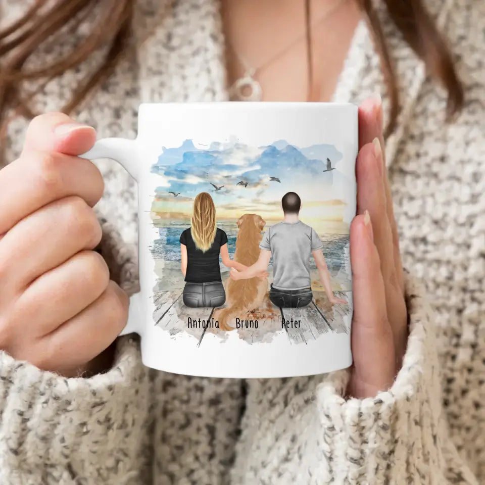 Personalisierte Tasse mit Pärchen und 1 Hund (Hund in der Mitte)