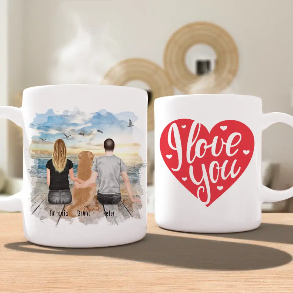 Personalisierte Tasse mit Pärchen und 1 Hund (Hund in der Mitte)