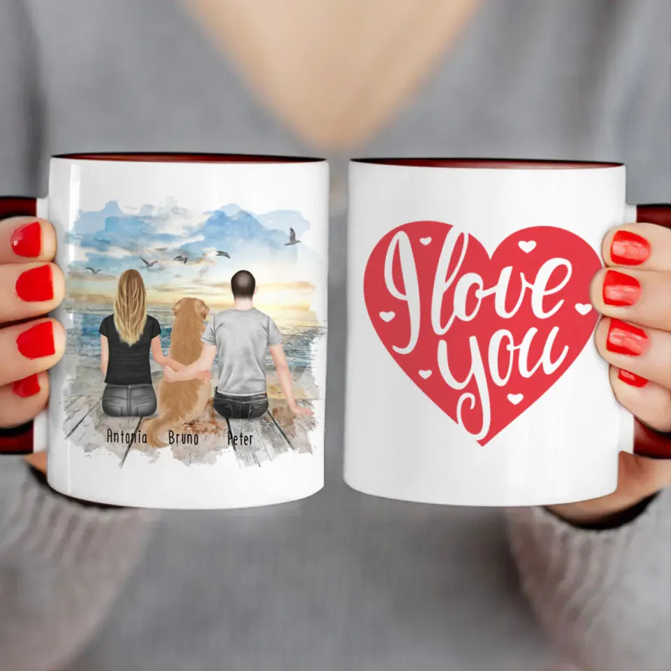 Personalisierte Tasse mit Pärchen und 1 Hund (Hund in der Mitte)