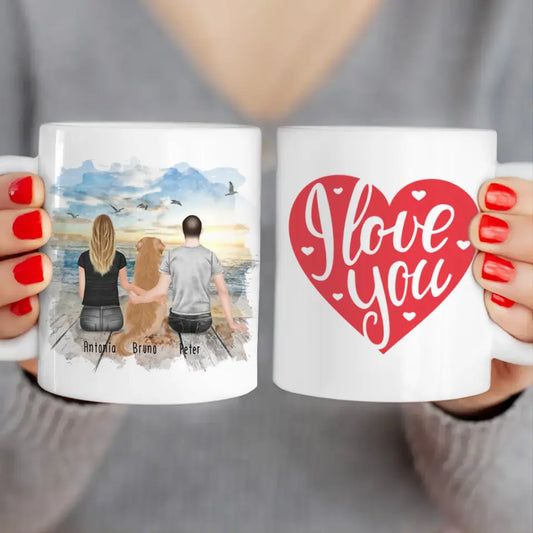 Personalisierte Tasse mit Pärchen und 1 Hund (Hund in der Mitte)