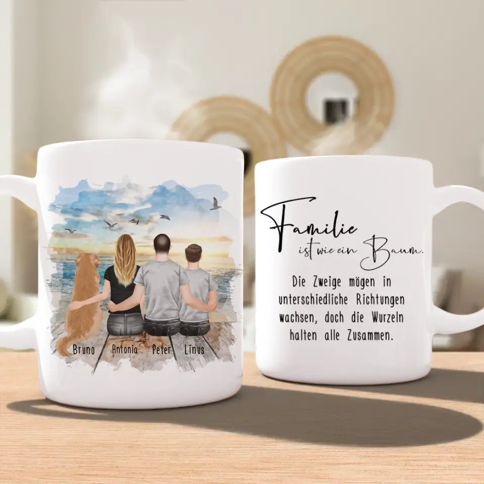 Personalisierte Tasse mit Familie + 1 Hund (1 Teenager)