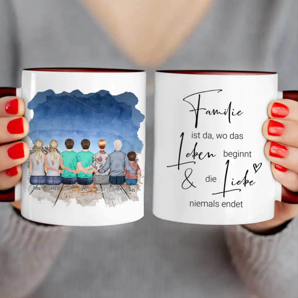 Personalisierte Tasse - 2 Frauen + 2 Männer + 1 Oma + 1 Opa + 1 Kind