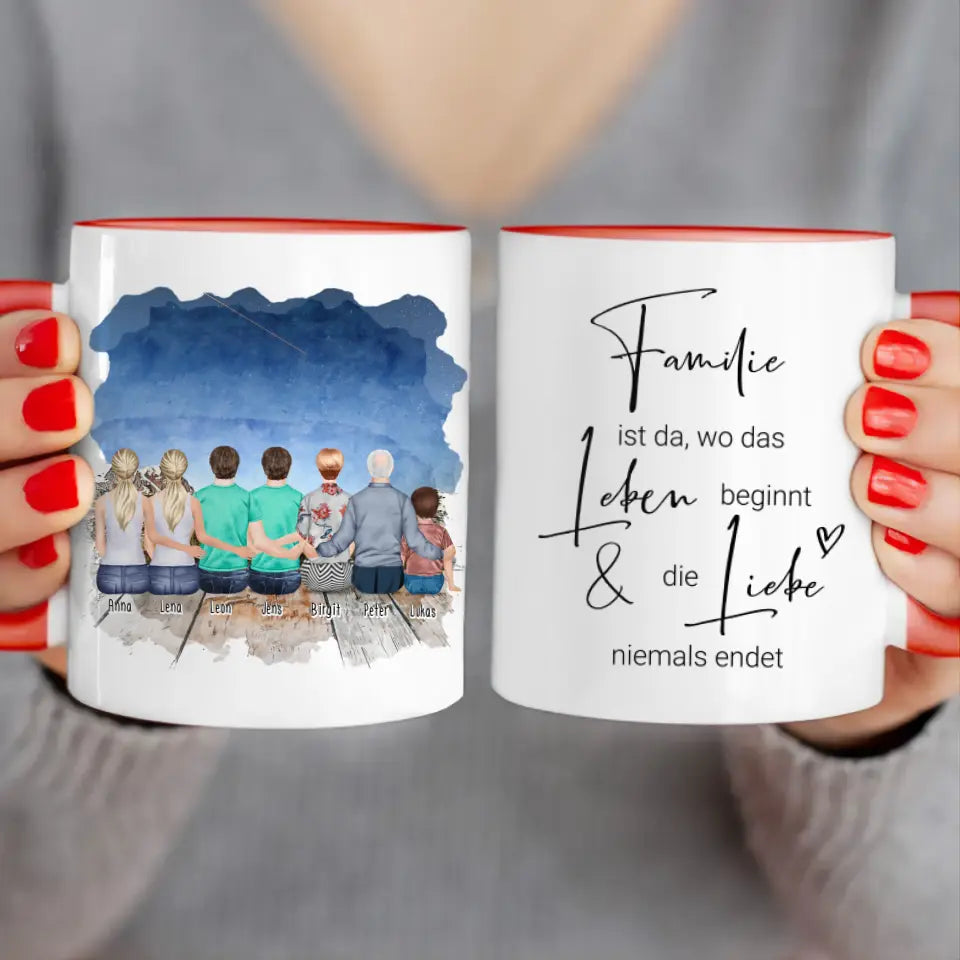 Personalisierte Tasse - 2 Frauen + 2 Männer + 1 Oma + 1 Opa + 1 Kind