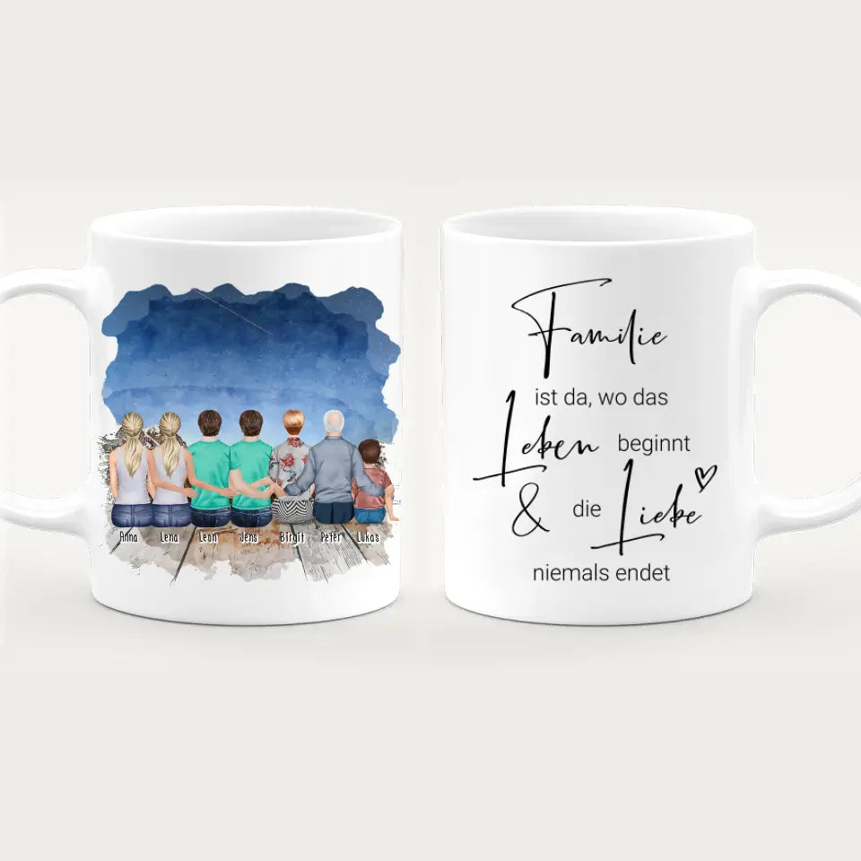 Personalisierte Tasse - 2 Frauen + 2 Männer + 1 Oma + 1 Opa + 1 Kind