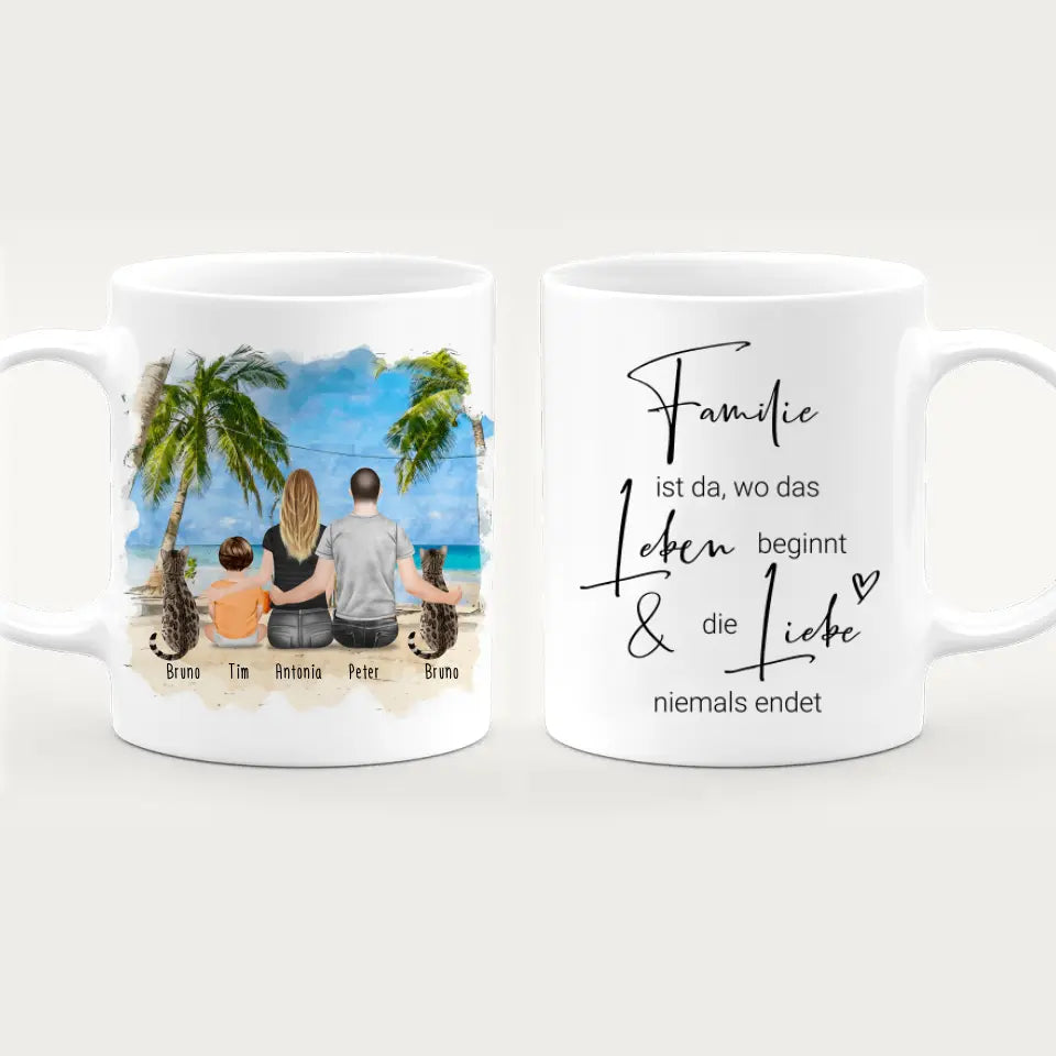 Personalisierte Tasse mit Familie + 2 Katzen (1 Baby)