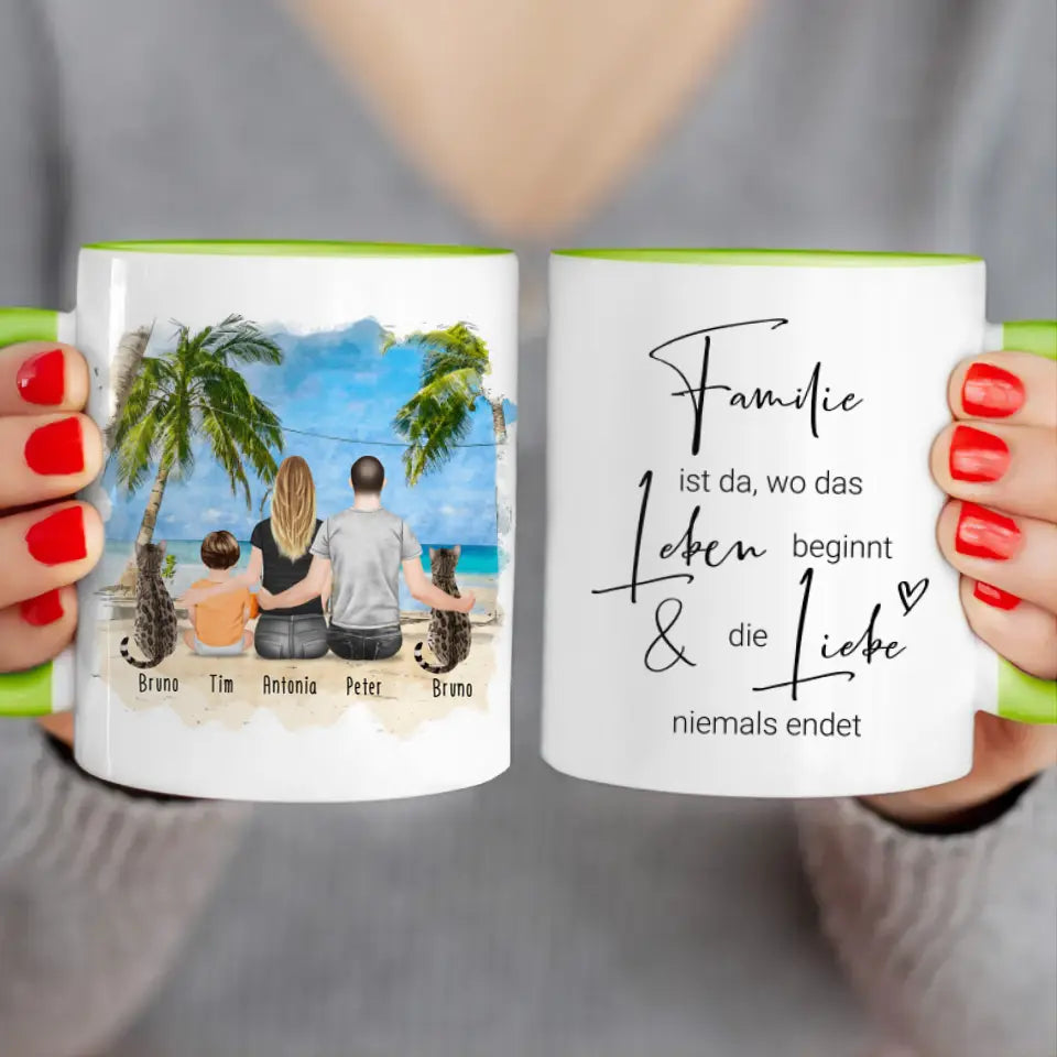 Personalisierte Tasse mit Familie + 2 Katzen (1 Baby)