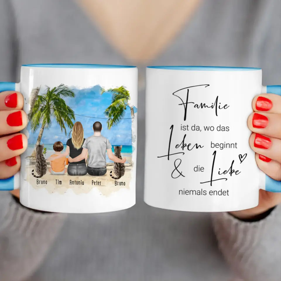 Personalisierte Tasse mit Familie + 2 Katzen (1 Baby)