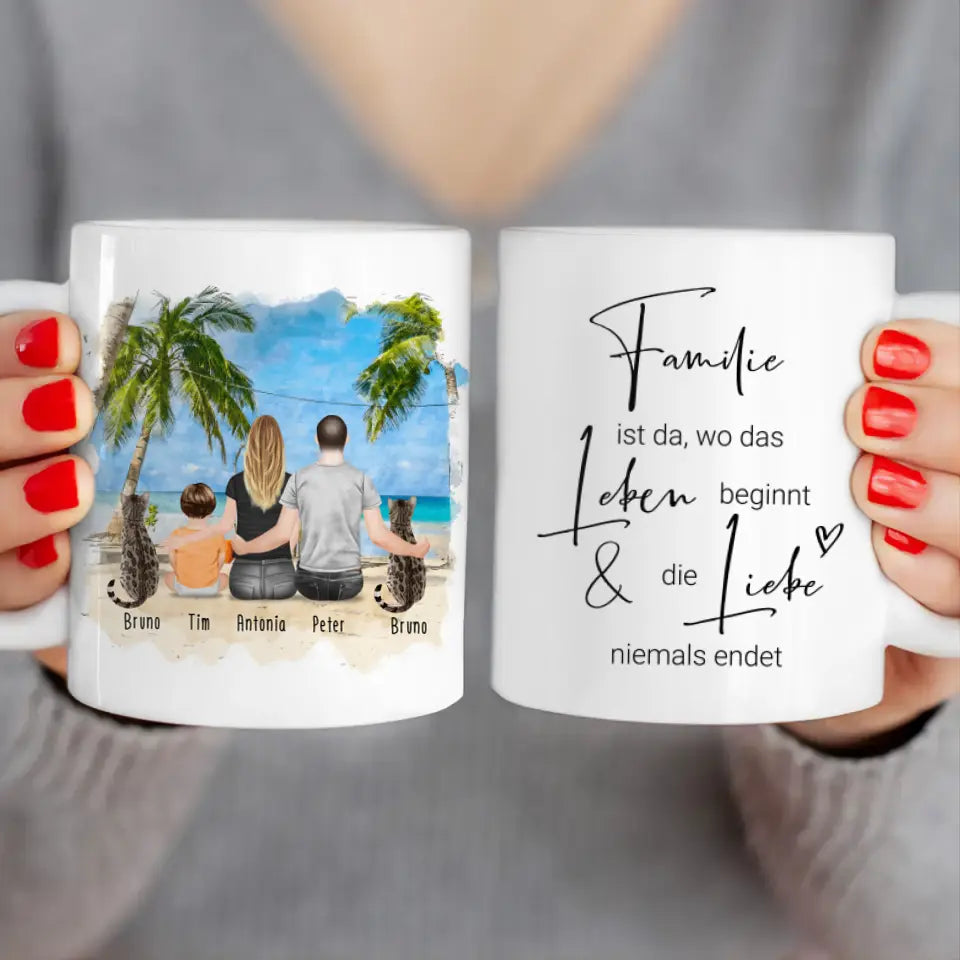 Personalisierte Tasse mit Familie + 2 Katzen (1 Baby)