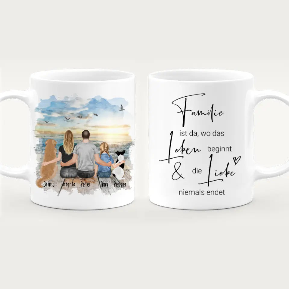 Personalisierte Tasse mit Familie + 2 Hund2 (1 Kind)