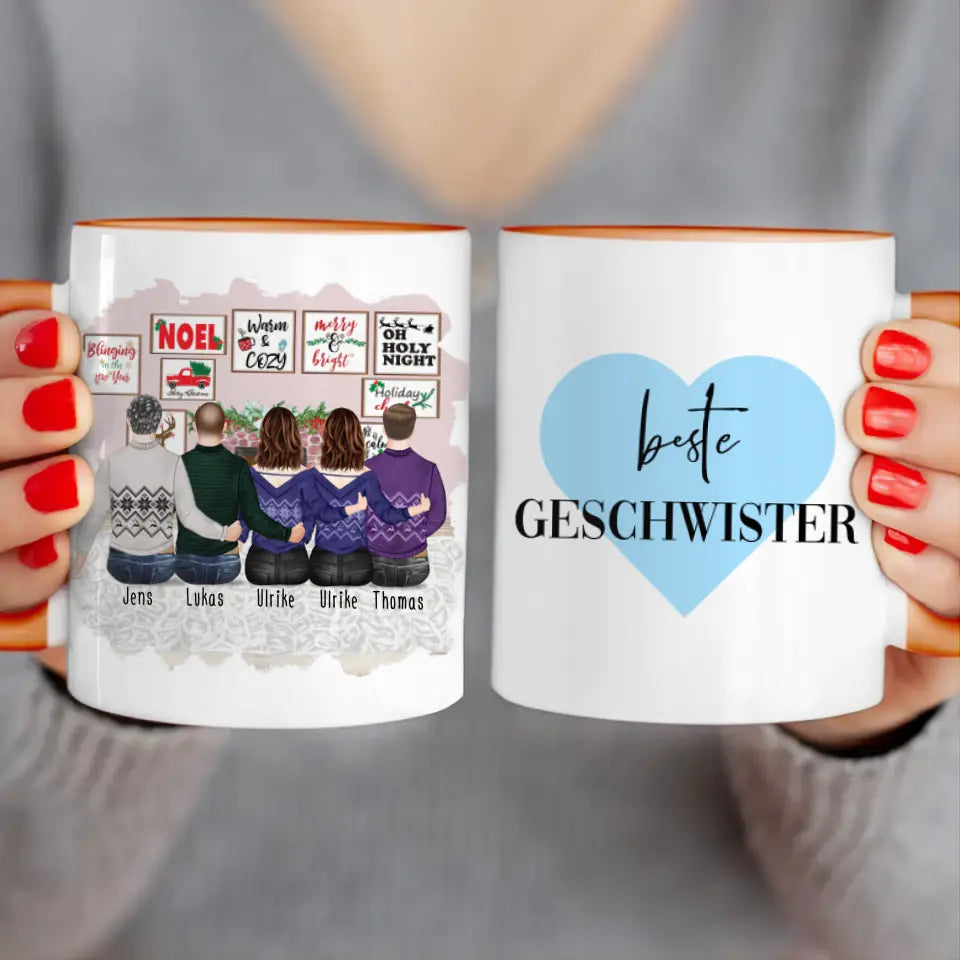 Personalisierte Tasse mit Bruder/Schwester (2 Schwestern + 3 Brüder) - Weihnachtstasse