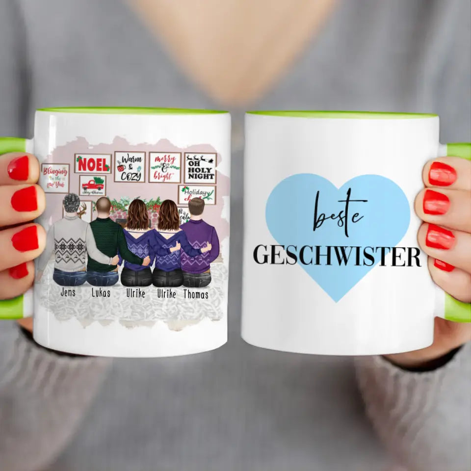 Personalisierte Tasse mit Bruder/Schwester (2 Schwestern + 3 Brüder) - Weihnachtstasse