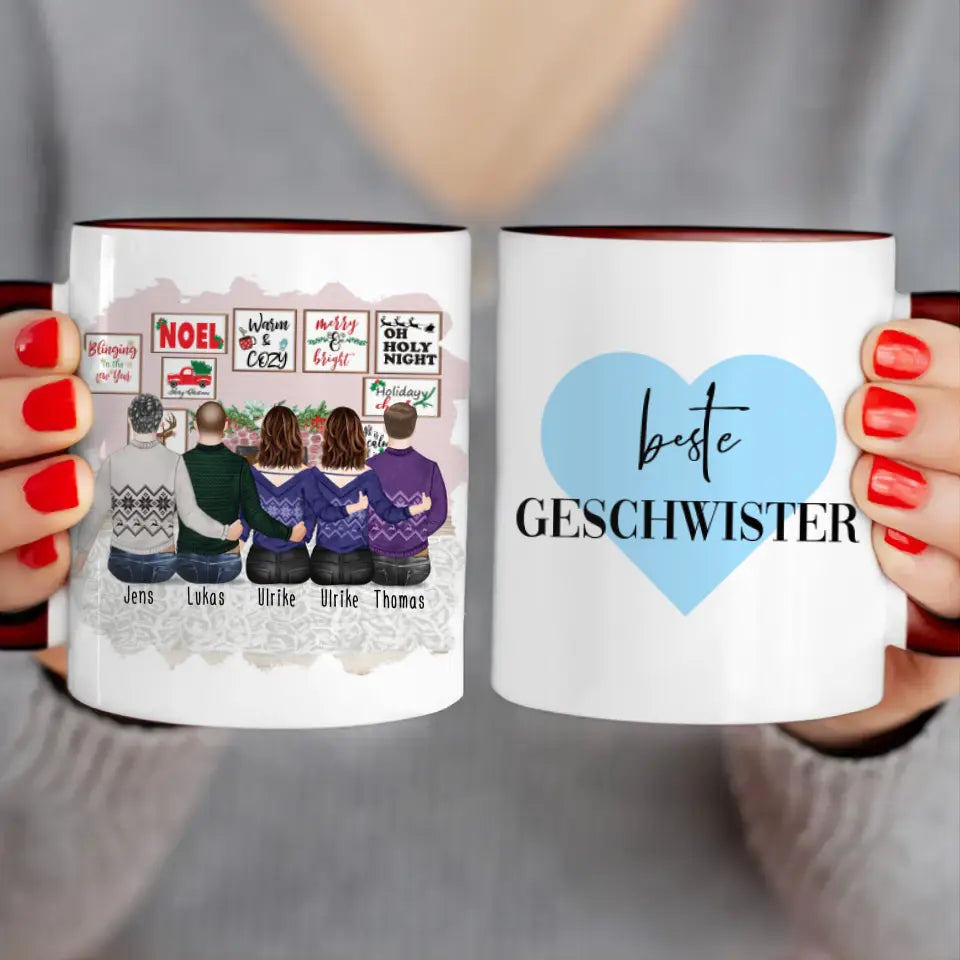 Personalisierte Tasse mit Bruder/Schwester (2 Schwestern + 3 Brüder) - Weihnachtstasse