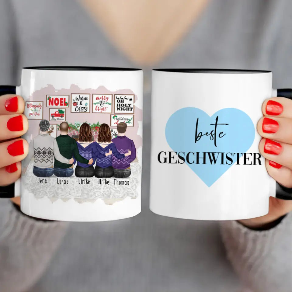 Personalisierte Tasse mit Bruder/Schwester (2 Schwestern + 3 Brüder) - Weihnachtstasse