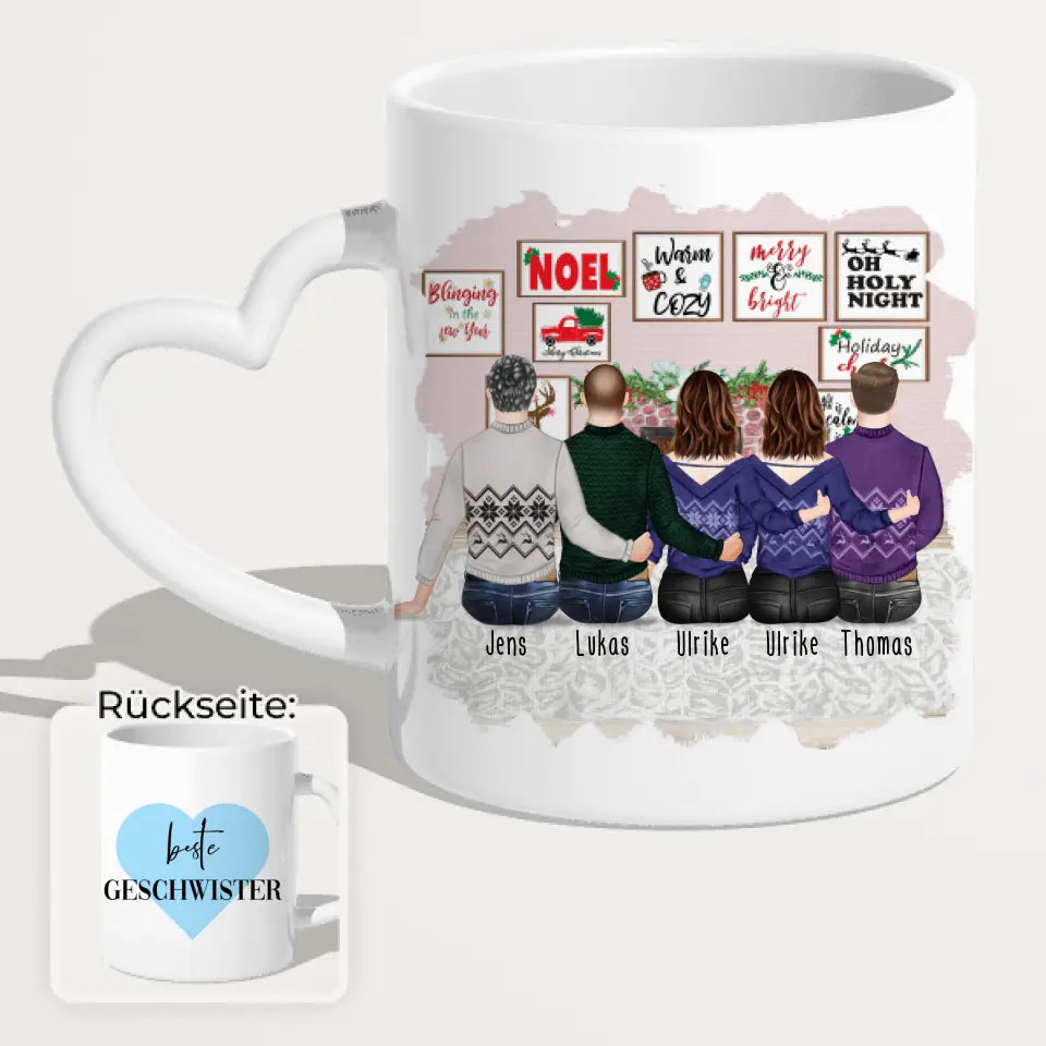 Personalisierte Tasse mit Bruder/Schwester (2 Schwestern + 3 Brüder) - Weihnachtstasse